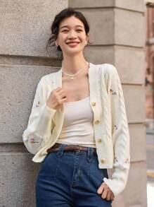 DAZY Của phụ nữ Thêu hoa Mở Mặt trước Áo len Mở - trắng - Xem 1