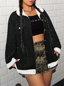 SHEIN EZwear Chaqueta De Talla Grande Con Botones Delanteros, Bolsillos Y Detalles De Contraste