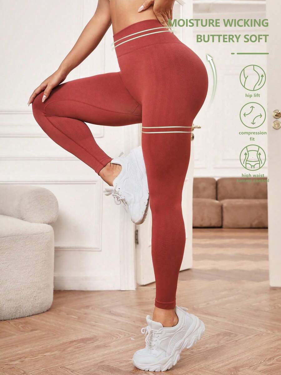 Yoga Basic 女式彈性無縫運動緊身褲 - 紅色 - 查看 1