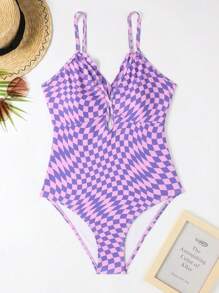 Ds25 Girls' One Piece Swimsuit With Hollow Out & Check Pattern - Pink - View 1