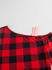 长袖单肩格纹套头 T 恤 - 紅色 - 查看 3