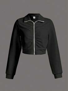 少女貼身短款拉鍊運動衫,配有褶邊細節 - 黑色 - 查看 1
