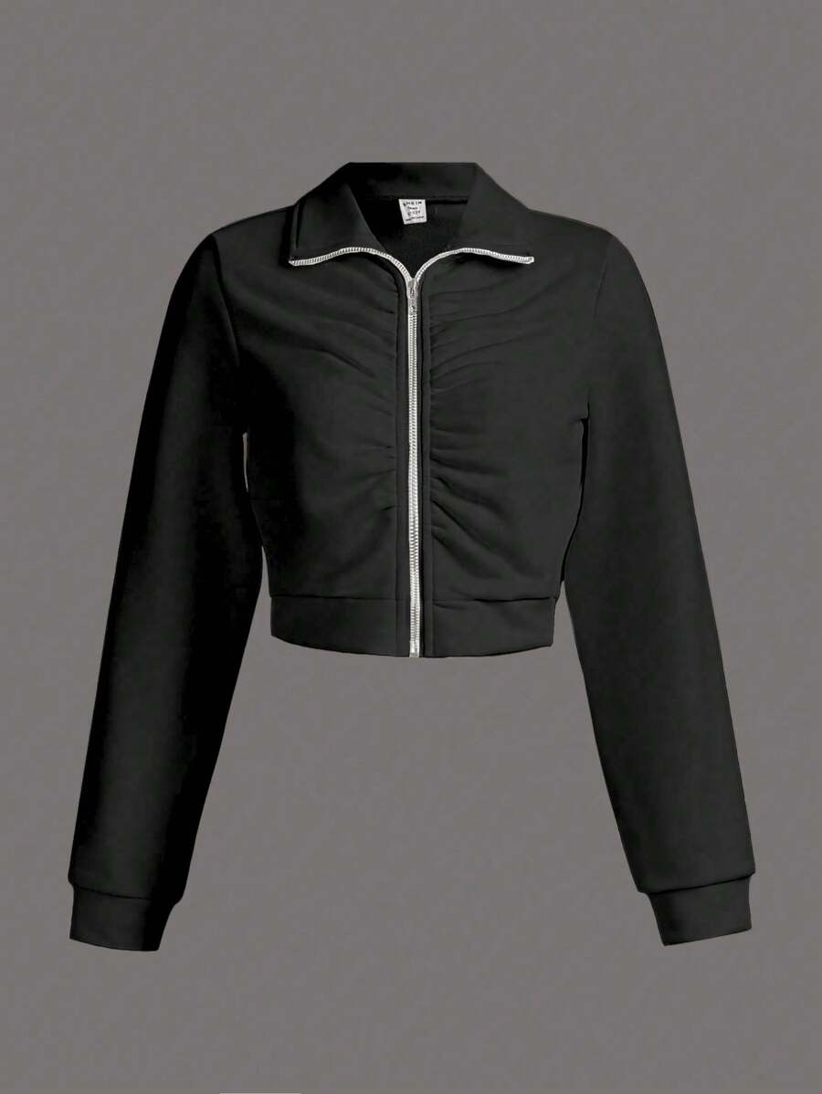 少女貼身短款拉鍊運動衫,配有褶邊細節 - 黑色 - 查看 1