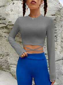 SHEIN EZwear 交叉系带修身个性化T恤 - 灰色 - 查看 1