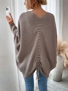 SHEIN Essnce 寬鬆蝙蝠袖開襟針織衫 - 卡其色 - 查看 2