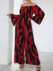 SHEIN Privé 女性圖案一字肩闊腿連體褲 - 紅色 - 查看 6