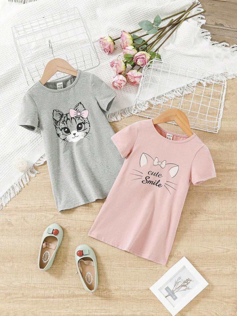 SHEIN Leap Crew 2pcs Baby Girls' Casual Pink & Gray Cute Pattern Short Sleeve Dress Set - Multicolor - View 1