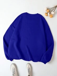 SHEIN EZwear 加大尺寸字母印花圓領衛衣 - 藍色 - 查看 2