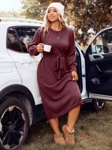 SHEIN LUNE Plus Size Solid Color Lantern Sleeve Sweater Dress With Belt Winter Fall Autumn - Burgundy - View 6