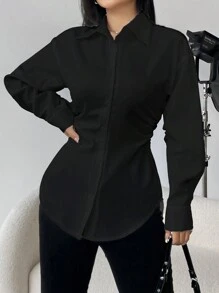 SHEIN Unity Solid Color Side Pleated Shirt - Black - View 1