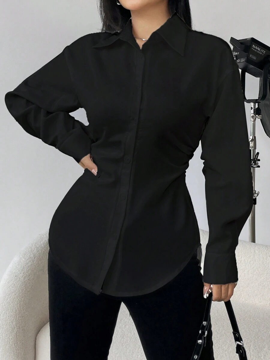 SHEIN Unity Solid Color Side Pleated Shirt - Black - View 1