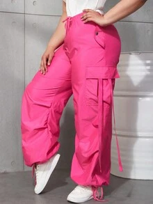 Plus Size Women Elastic Waist Drawstring Pockets Loose Wide Leg Cargo Pants - Hot Pink - View 4