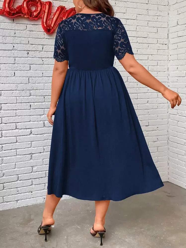 SHEIN Clasi パッチワーク レース ビッグサイズウエディングドレス Vネックスタイル - ネイビーブルー - 見る 2