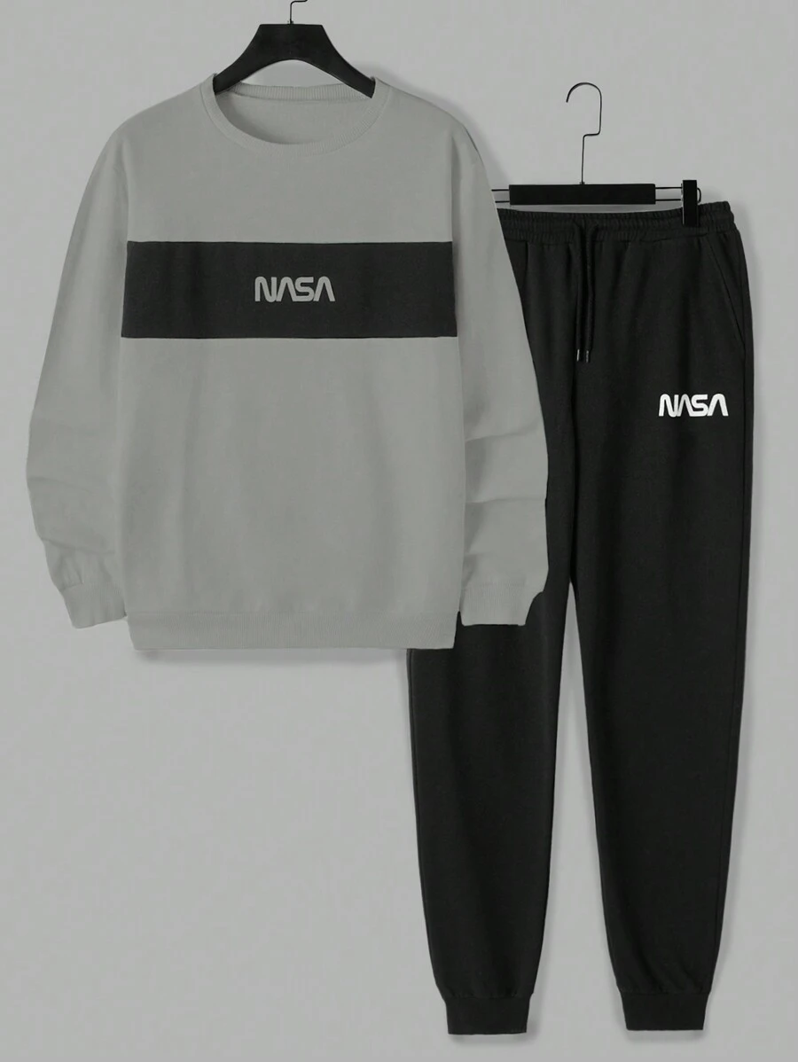 EURMUSE Conjunto de sudadera y pantalones de chándal con estampado de letras y bloques de color para hombre - Multicolor - Ver 1
