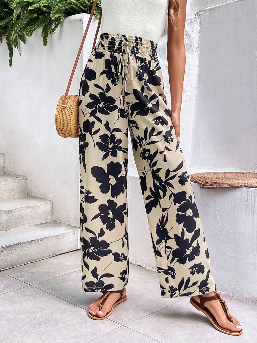 SHEIN VCAY 女士高腰寬鬆全印花褲子 - 黑色 - 查看 1