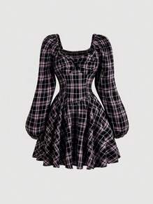 SHEIN MOD Plaid Print Bow Front Lantern Sleeve Dress - Brown - View 1