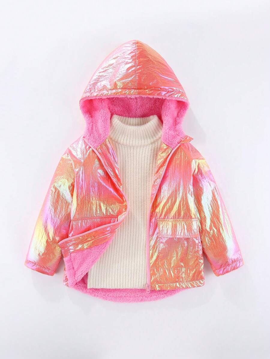 SHEIN Girls' Colorful Thermal Lined Hooded Coat - Pink - View 1