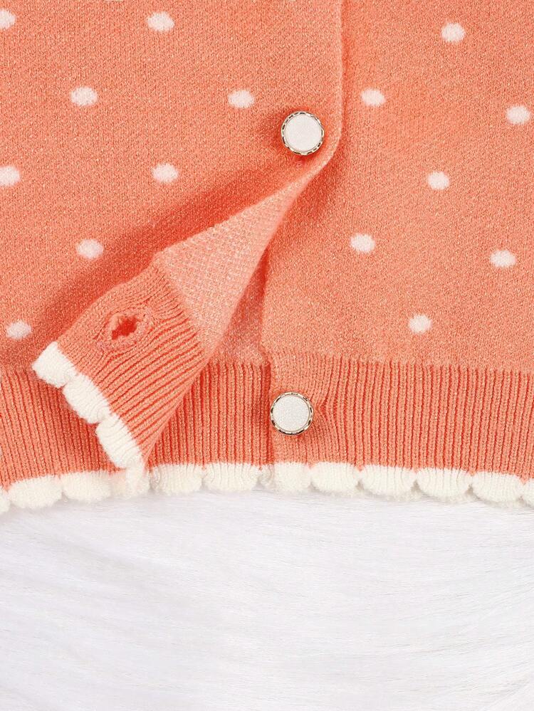 Baby Girls' Polka Dot Print Contrast Color Edging Ruffled Detail Cardigan With Open Front