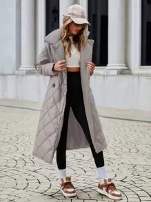 RueChic 女款純色系扣翻領長版襯墊大衣