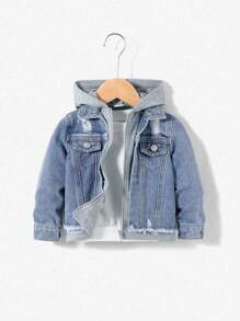 SHEIN 女嬰破洞翻蓋細節二合一連帽牛仔夾克不帶T恤 - 中等水洗藍 - 查看 1