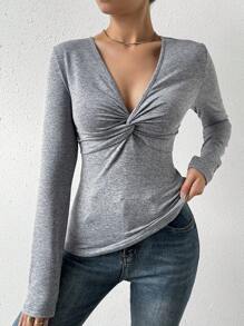 SHEIN Privé Xoắn Nút phía trước Nhiệt Tay áo dài Áo thun - Màu Xám nhạt - Xem 6