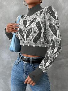 EURMUSE 心形圖案立領毛衣 - 灰色 - 查看 4