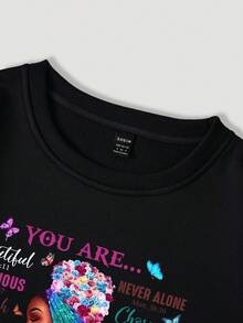 INAWLY Women's Thermal Lined Sweatshirt With Printed Slogan Or Character - Black - View 3