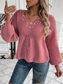 SHEIN Essnce Sweater With Bead Decoration And Tie-Up Design - Rose Red - View 4
