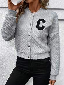 SHEIN LUNE Của phụ nữ Kim cương Textured Áo khoác Với Lá thư - Xám - Xem 4