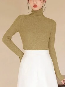 簡約百搭高領打底兩折領毛衣 - 棕色 - 查看 4