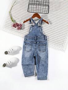Little Girl's Bow Letter Embroidered Denim Overalls - Medium Wash - View 2