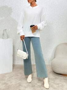 SHEIN Essnce Thả vai Viền chia cắt Áo thun - trắng - Xem 3