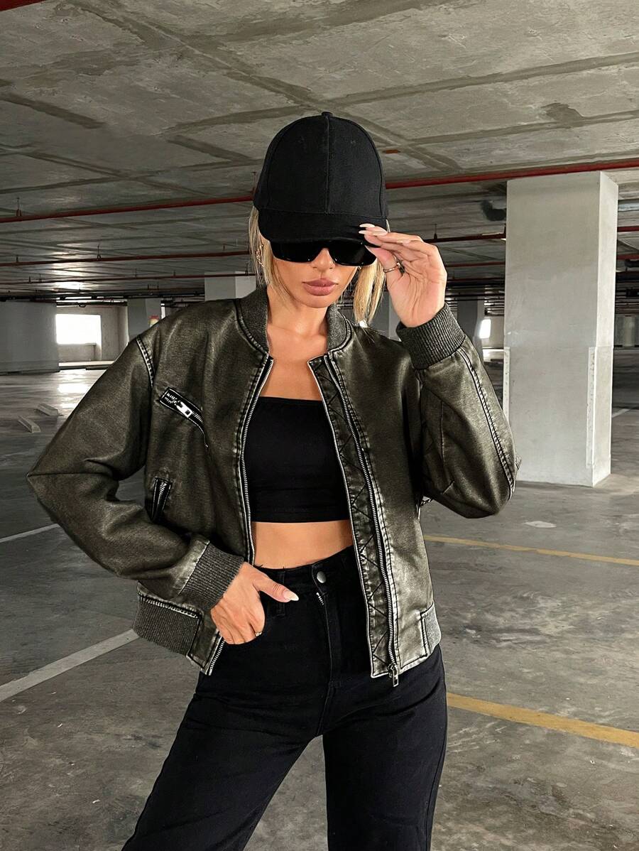 SHEIN Essnce Women's Pu Leather Aviator Jacket - Green - View 1