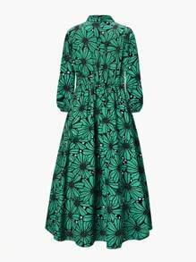 SHEIN Clasi Hơn Vải in hoa Tay áo lồng đèn Đầm - màu xanh lá - Xem 2