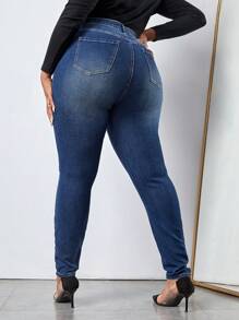 SHEIN SXY 女大尺碼撞色緊身牛仔褲 - 深色水洗藍 - 查看 2