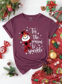 SHEIN EZwear 女士聖誕雪人字母圖案短袖t卹 - 中紫紅色 - 查看 1