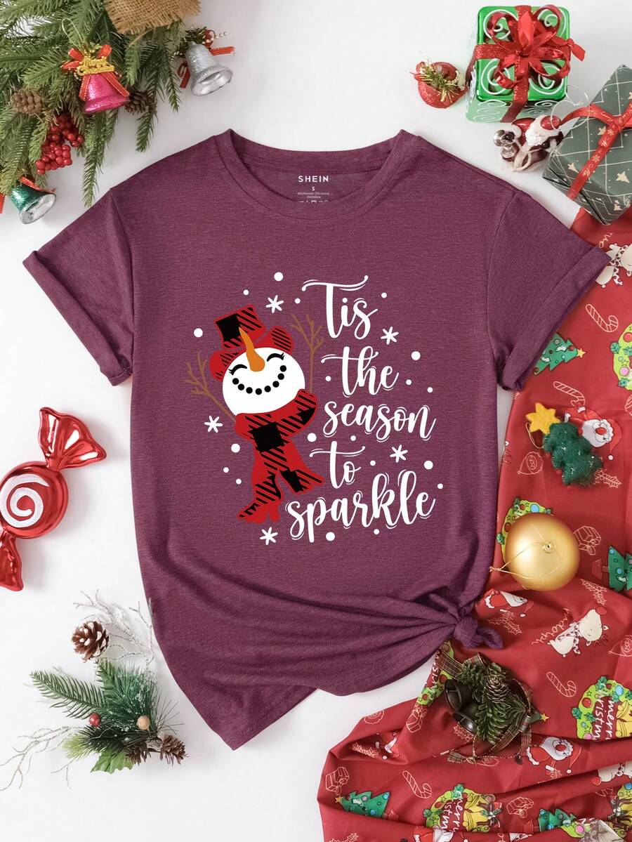 SHEIN EZwear 女士聖誕雪人字母圖案短袖t卹 - 中紫紅色 - 查看 1