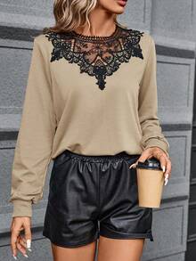 SHEIN Clasi Chèn ren Guipure Áo nỉ - Lạc đà - Xem 3