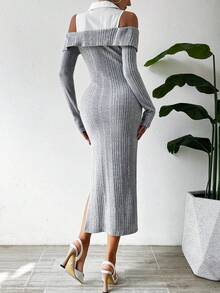 SHEIN Privé 冷肩設計，下擺劈片設計的2合1連衣裙 - 灰色 - 查看 2