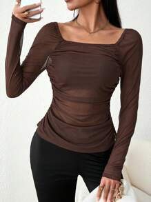SHEIN Privé Solid Color Mesh Square Neck Pleated Long Sleeve Top - Brown - View 1