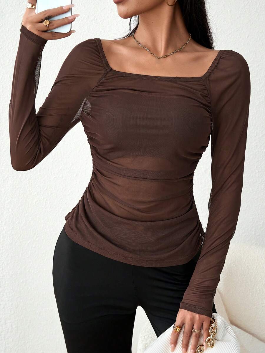 SHEIN Privé Solid Color Mesh Square Neck Pleated Long Sleeve Top - Brown - View 1