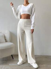 Chiquease Solid Color Straight Leg Thermal Lined Long Pants Fall Cloth For Women - Beige - View 6