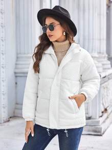 GENKIRA Áo khoác đệm ngắn cổ khóa kéo màu trơn cho nữ, quần áo mùa đông - Màu be - Xem 7