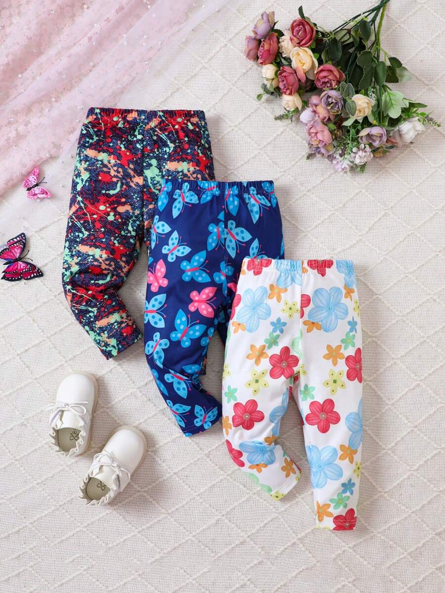 3pcs/set Baby Girls' Flower Patterned Pants