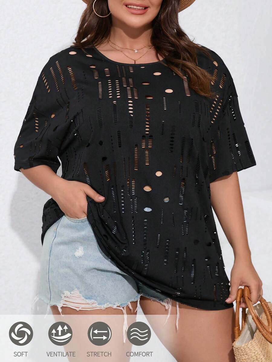 SHEIN LUNE Kích thước lớn Quý cô Dệt kim Lỏng lẻo phù hợp Xu hướng: Cắt giảm Áo - màu đen - Xem 1