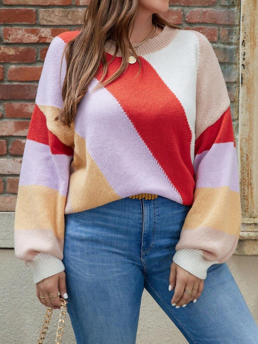 SHEIN LUNE Plus Size Slim Fit Round Neck Drop Shoulder Sweater - Multicolor - View 1
