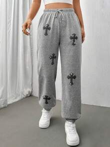SHEIN Unity Rhinestone Cross Pattern Drawstring Waist Sweatpants - Grey - View 6