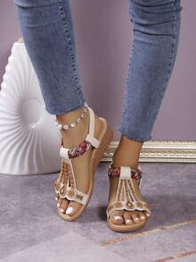 女式波西米亞風格開趾楔形跟厚底涼鞋 - 黑色 - 查看 2