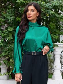 GENKIRA 女士簡約純色長袖襯衫 - 綠色 - 查看 3