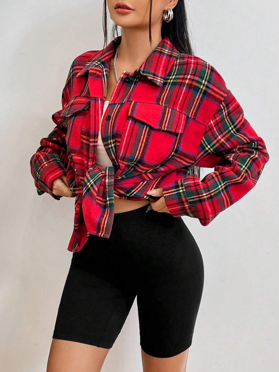 SHEIN Unity In Tartan Thả vai Túi có nắp áo - Nhiều màu - Xem 1